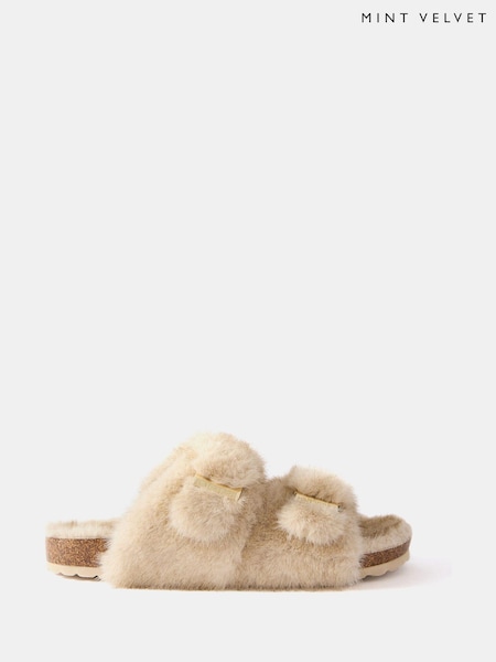Mint Velvet Natural Two Strap Faux Fur Slippers (G48278) | €62