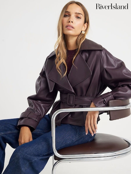 River Island Red Faux Leather Belted Cropped Trench Coat (G48352) | €75
