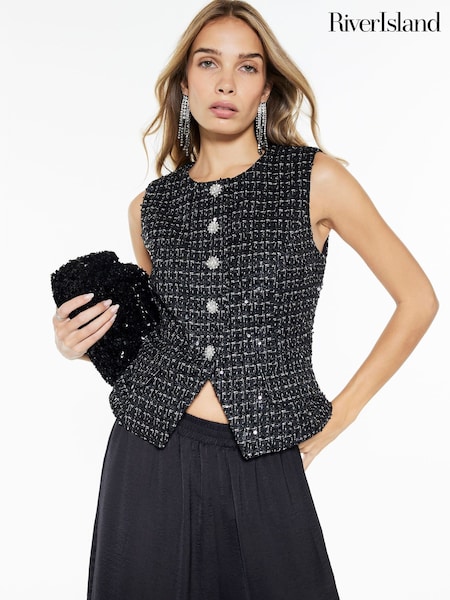 River Island Black Boucle Peplum Waistcoat (G48385) | €68