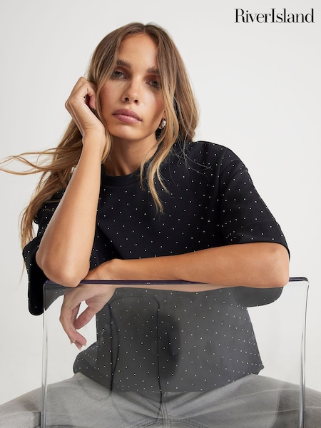 River Island Black Premium Diamante T-Shirt (G48409) | €50