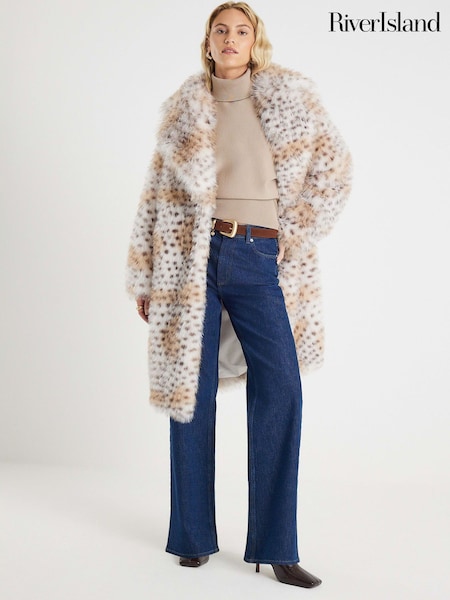 River Island Cream Leopard Print Faux Fur Coat (G48437) | €154