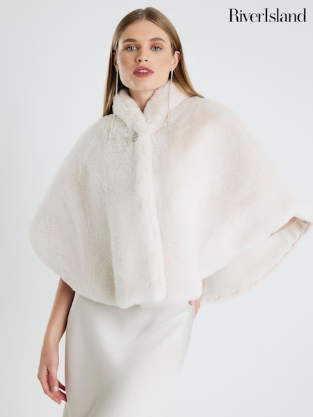 River Island Cream Cream Faux Fur Brooch Cape (G48447) | 239 QAR