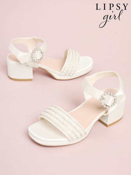 Lipsy White Wide Fit (G) Low Block Heel Platform Pearl Occasion Flower Girl Sandals (G48886) | AED158 - AED178