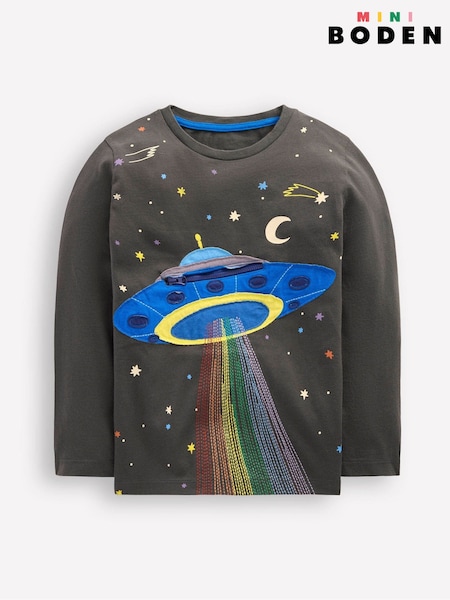 Boden Grey Space Zip Detail Appliqué T-Shirt (G48964) | €28 - €32