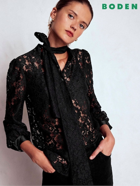Boden Black Lace Tie Neck Top (G48992) | €152