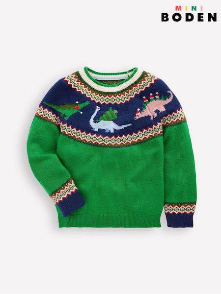 Boden Green Festive Dinosaur Fair Isle Jumper (G49005) | AED215 - AED245