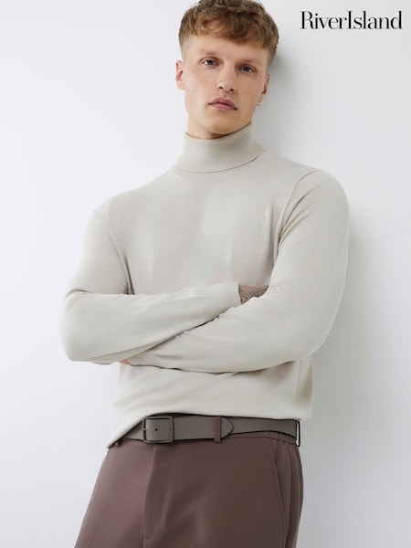 River Island Cream Slim Fit Roll Neck Jumper (G49069) | AED169