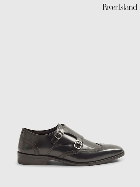 River Island Black Leather Square Toe Monk Shoes (G49079) | 346 QAR