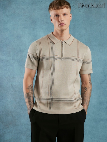 River Island Cream Slim Fit Check Polo Shirt (G49082) | €55