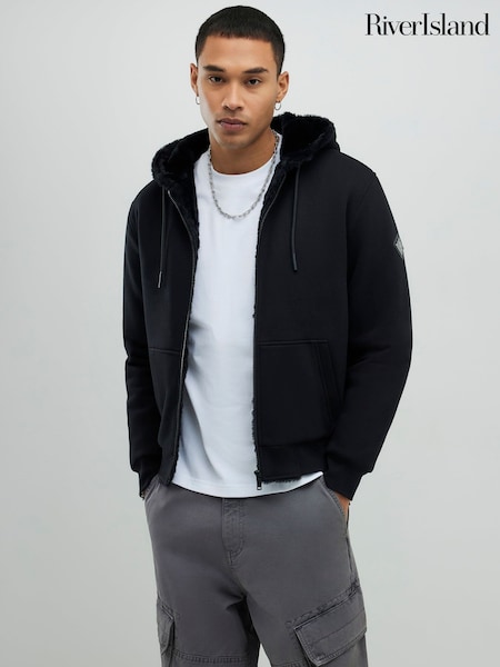 River Island Black Zip Through Faux Fur Lined Hoodie (G49089) | €75