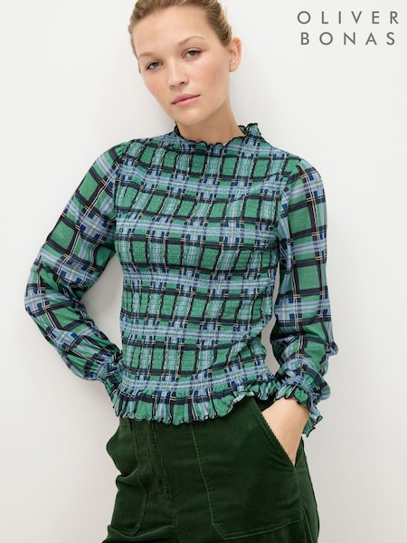 Oliver Bonas Green Checked Shirred Mesh Top (G49491) | AED262