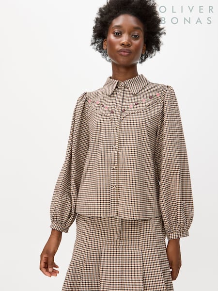 Oliver Bonas Brown Checked Floral Embroidered Shirt (G49501) | €92