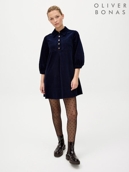 Oliver Bonas Blue Corduroy Collared Mini Shirt Dress (G49502) | €99