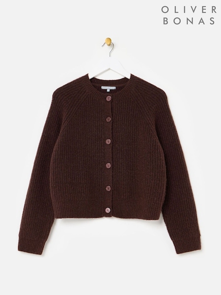Oliver Bonas Brown Ribbed Crew Neck Knitted Cardigan (G49534) | €83