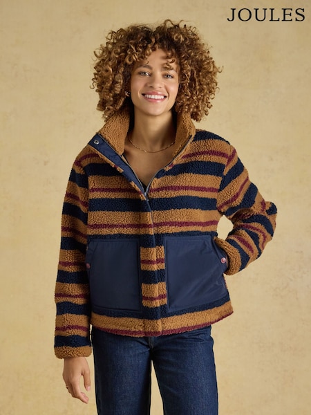 Tan Brown Stripe - Joules Lottie Zip Through Borg Fleece