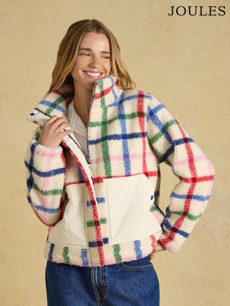Cream Check - Joules Lottie Zip Through Borg Fleece