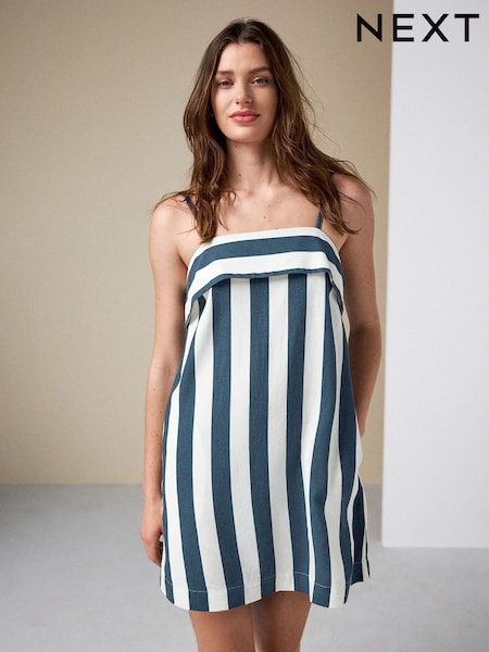 Navy Blue/White Stripe - Strappy Foldover Mini Summer Dress
