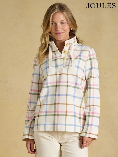Cream Madden Check - Saunton Cotton Blend Sweatshirt With Buttoned Funnel Neck