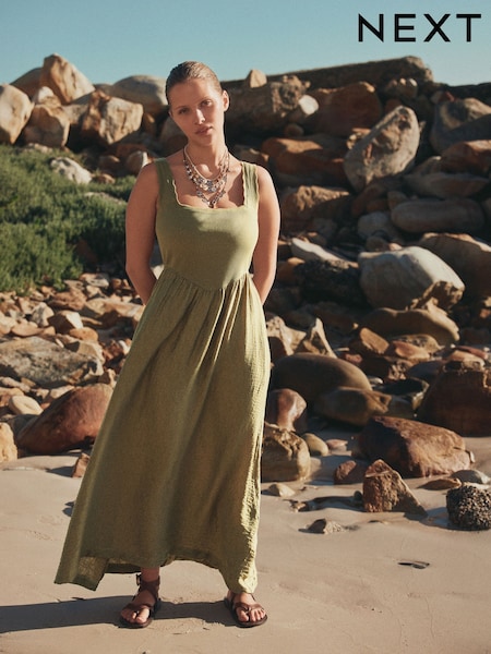 khaki Green - Jersey Woven Mix Midi Dress