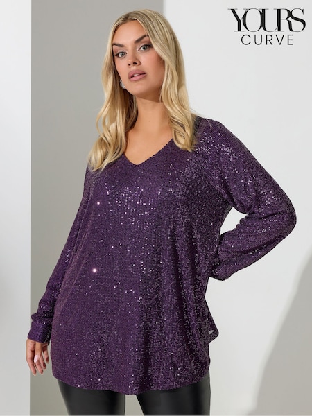 Yours Curve Purple London Sequin V Neck Long Sleeve Top (G49739) | €63