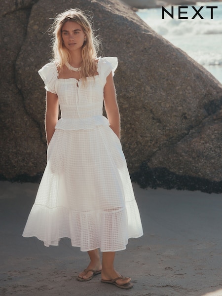 White - Flutter Sleeve Square Neck Dress