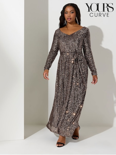 Yours Curve Gold London Sequin V-Neck Long Sleeve Maxi Dress (G49757) | €98