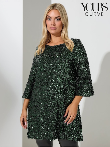 Yours Curve Green London Sequin Flute Sleeve Top (G49763) | €63