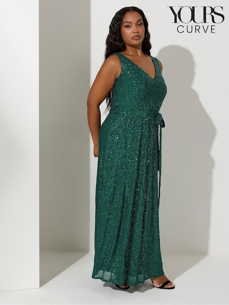 Yours Curve Green London Sequin V-Neck Maxi Dress (G49770) | €93