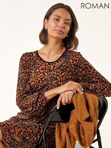 Roman Brown Abstract Print Gathered Stretch Dress (G49783) | €58