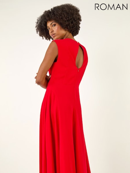 Roman Red High Neck Pleated Midi Dress (G49799) | 433 QAR