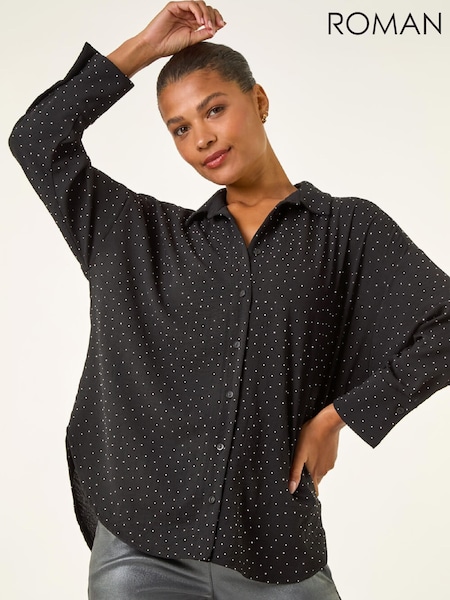 Roman Black Hotfix Collared Longline Shirt (G49806) | €58