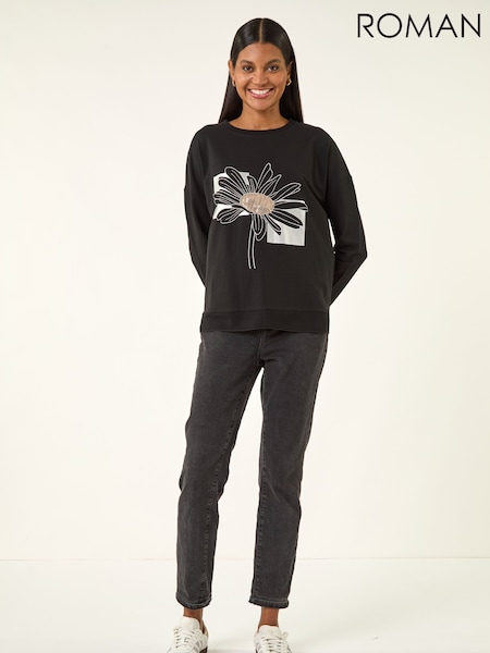 Roman Black Floral Print Stretch T-Shirt (G49834) | €40