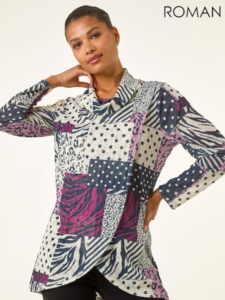 Roman Red Patchwork Print Cowl Neck Blouse (G49835) | €57