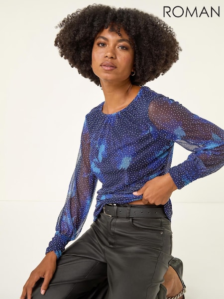 Roman Blue Printed Stud Mesh Stretch Tunic Top (G49866) | €63