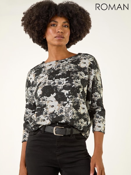 Roman Black Floral Print Snit Jersey T-Shirt (G49868) | 198 QAR