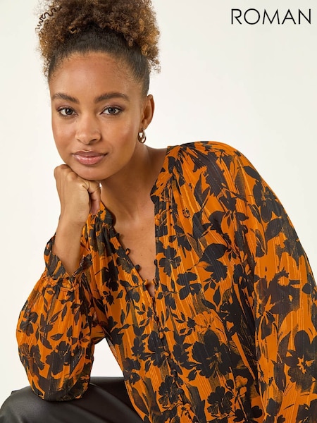 Roman Orange Metallic Floral Buttoned Blouse (G49872) | €58