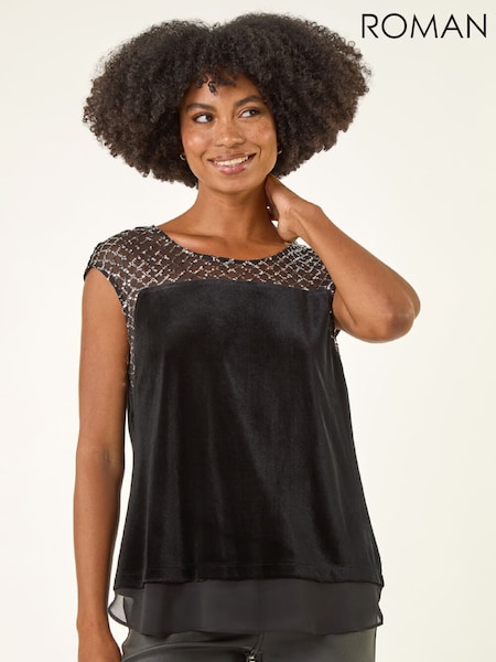 Roman Black Velvet Sequin Mesh Blouse (G49873) | €53