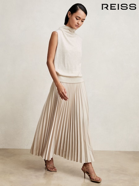 Champanhe Neutral - Reiss Seren Pleated Midi Skirt (G49911) | R$ 1.560