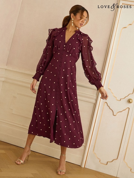 バーガンディレッド ハート - Love & Roses Embroidered Ruffle Midi Dress (G49949) | ¥ 13,320