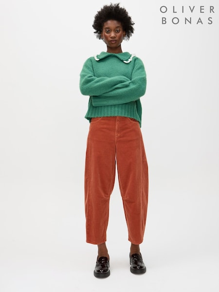 Oliver Bonas Rust Corduroy Cropped Barrel Leg Trousers (G50009) | ‏346 ر.ق.