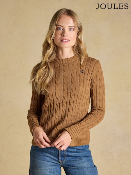 Camel - Joules Classic Crew Neck Cotton Cable Knit Jumper
