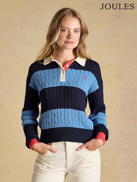 Blau & Marineblau gestreift - Joules Cotton Cable Knitted Rugby Jumper