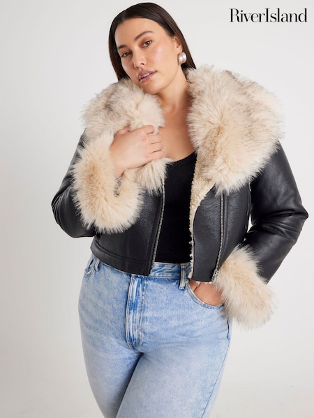 River Island Black Faux Fur Cropped Biker Jacket (G50522) | € 139