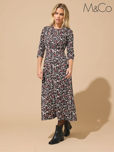 M&Co Black Petite Floral Long Sleeve Empire Dress (G50747) | €55