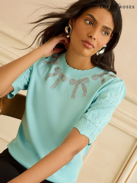 Love & Roses Mint Green Embelished Neck Knitted Top (G50855) | kr565