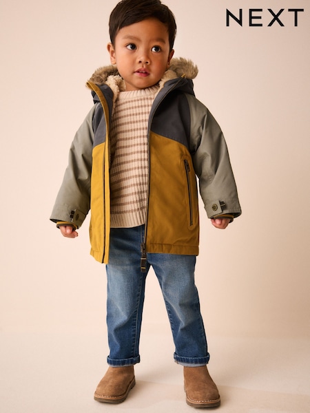Ochre and Khaki - Colour Block Fur Hood Waterproof Coat (3mths-7yrs)