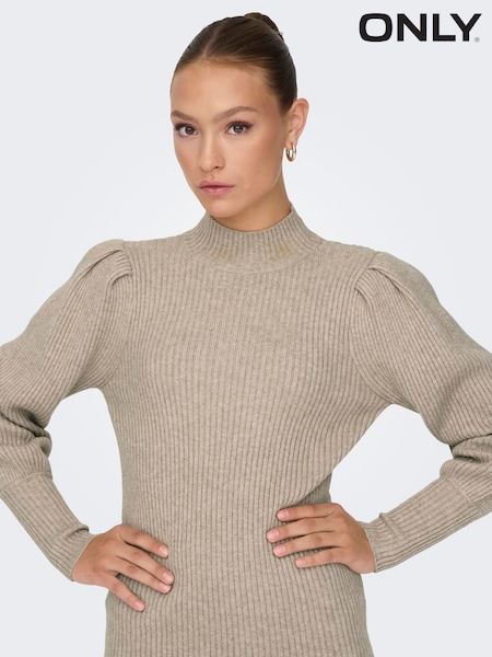 ONLY Brown High Neck Puff Sleeve Knitted Mini Dress (G51198) | €37