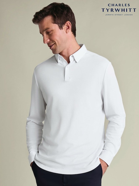 Vit - Regular Charles Tyrwhitt 100% Cotton Plain Long Sleeve Jersey Polo Shirt