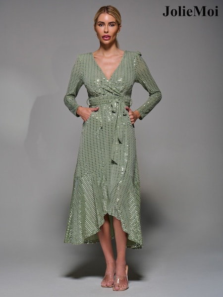 Jolie Moi Green Metallic Spot Long Sleeve Maxi Dress (G51494) | €77