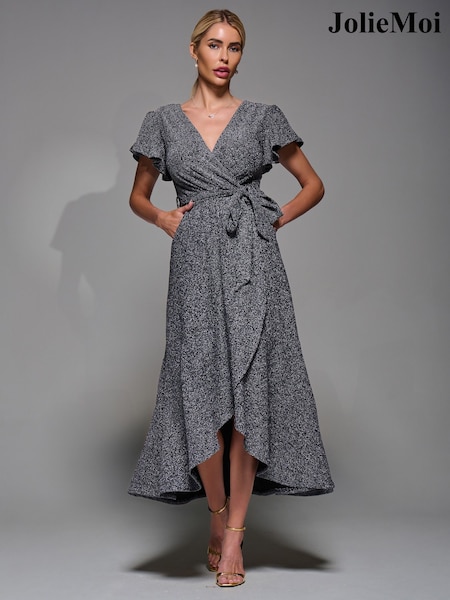 Jolie Moi Silver Metallic Angel Sleeve Wrap Maxi Dress (G51495) | €80